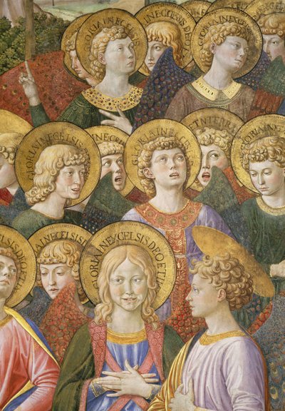 Englekor, detalje fra Magiernes rejse i kapellet, ca. 1460 freskodetalje af 70615 af Benozzo di Lese di Sandro Gozzoli