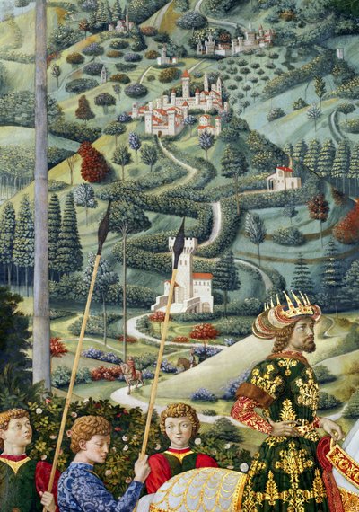 Fantastisk landskab, detaljer fra Magi-cyklussen i kapellet, ca. 1460 af Benozzo di Lese di Sandro Gozzoli