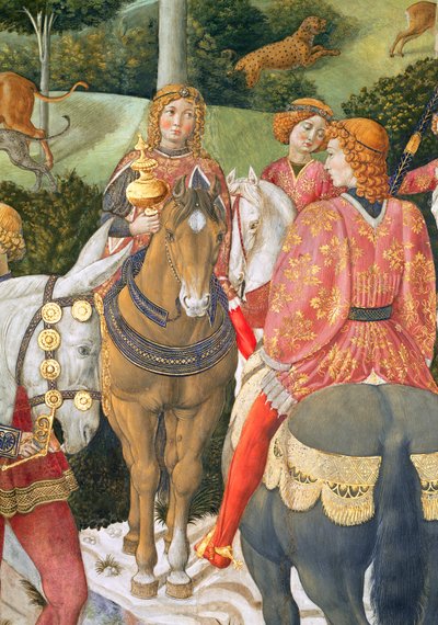 Ryttere i det kongelige følge, detalje fra Magi-cyklussen i kapellet, ca. 1460 freskodetalje af 70601 af Benozzo di Lese di Sandro Gozzoli