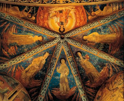 Italien, Montefalco, Apsis hvælving fra Saint Francis Church Malet med helgener af Benozzo di Lese di Sandro Gozzoli