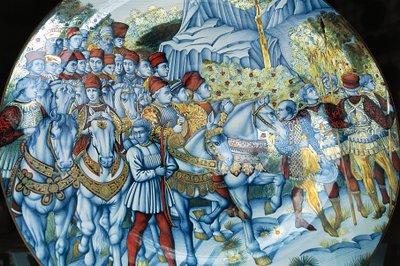 Majolica-plade, der forestiller Procession of Magi, af Benozzo Gozzoli (ca. 1420-1497), Gualdo Tadino kunsthåndværk, Umbrien, Italien af Benozzo di Lese di Sandro Gozzoli