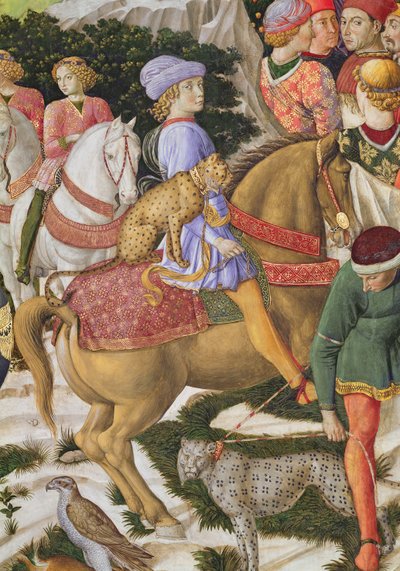 Portræt af Giuliano deMedici 1453-78, detalje fra Magi-cyklussens rejse i kapellet, ca. 1460 freskodetalje af 70601 af Benozzo di Lese di Sandro Gozzoli