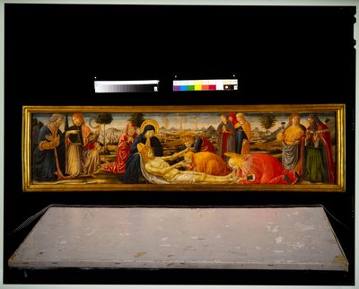 Predella-panel - klagesang med to mandlige helgener, der introducerer to mandlige dæmoner af Benozzo di Lese di Sandro Gozzoli