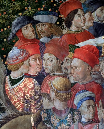 The Journey of the Magi Cortege of the Magi of Jerusalem a Bethleem "Viaggio dei Magi" eller "Cavalcata dei Magi" (detalje af ansigter i cortege of the Magi Magi) Fresco af Benozzo Gozzoli (1420-1497) af Benozzo di Lese di Sandro Gozzoli