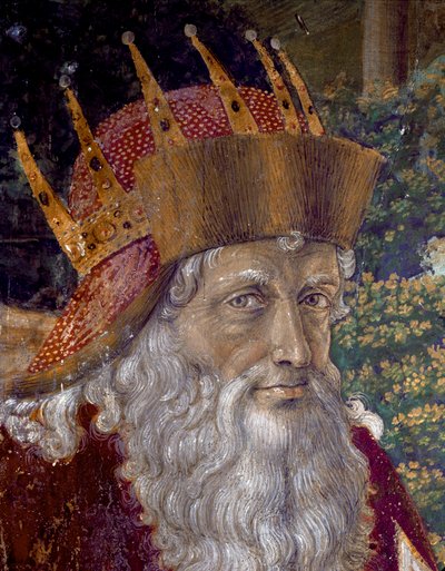 Magiernes rejse. Cortege of the Magi of Jerusalem i Betlehem kaldet "Viaggio dei Magi" eller "Cavalcata dei Magi" på italiensk. Detalje, der repræsenterer Joseph Patriarch af Konstantinopel mellem 1261 og 1276. Fresko af Magiernes Kapel af Benozzo di af Benozzo di Lese di Sandro Gozzoli