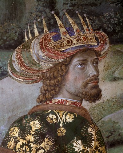 The Journey of the Magi Cortege of the Magi of Jerusalem to Bethlehem kalder på italiensk "Viaggio dei Magi" eller "Cavalcata dei Magi" Detalje af Balthasar under træk af John VIII palæolog, byzantinsk kejser (John VII Palaiologos (eller Palaeologus)) Fres af Benozzo di Lese di Sandro Gozzoli