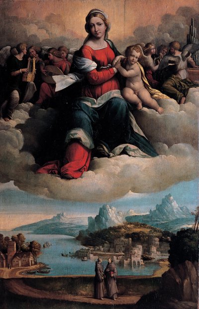 Madonna og barn i herlighed med helgenerne Anthony af Padua og Frans af Benvenuto Tisi da Garofalo