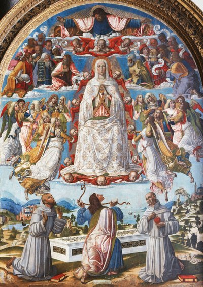 The Assumption of the Virgin with Saint Thomas receiving the Girdle between Saints Francis of Assisi and Anthony of Padua, 1480sdani af Benvenuto di Giovanni