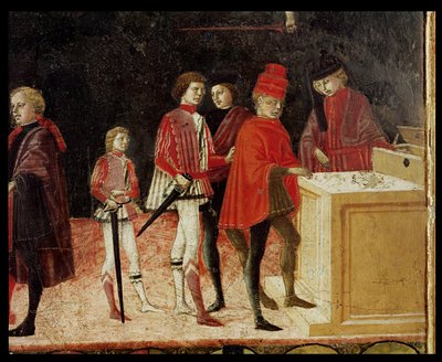 Rådets finanser i tider med krig og fred, detalje af lejesoldater, der modtager deres løndetaljer fra 109447 af Benvenuto di Giovanni