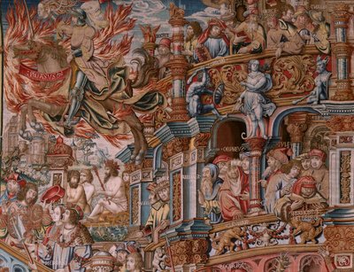 flamsk gobelin. Serien The Honours. Berømmelse (La Fama). Tredje gobelin i serien. Modeltegnere fra Bernard van Orleys og Jan Gossaerts kreds (Mabuse). Fremstilling Pieter van Aelst, Bruxelles. Ca 1550. Stof Guld, sølv, silke og uld. af Bernaert van (circle of) Orley