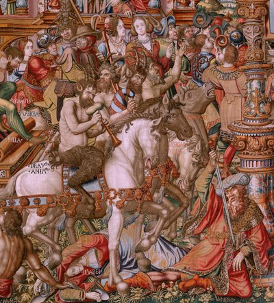 flamsk gobelin. Serien The Honours. Infamy (La Infamia). Sjette gobelin i serien. Modeltegnere fra Bernard van Orleys og Jan Gossaerts kreds (Mabuse). Fremstilling Pieter van Aelst, Bruxelles. Ca 1550. Stof Guld, sølv, silke og uld. af Bernaert van (circle of) Orley