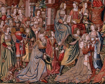 flamsk gobelin. Serien The Honours. Retfærdighed (La Justicia, Los Honores). Niende gobelin i serien. Modeltegnere fra Bernard van Orleys og Jan Gossaerts kreds (Mabuse). Fremstilling Pieter van Aelst, Bruxelles. Ca 1550. Stof Guld, sølv, af Bernaert van (circle of) Orley