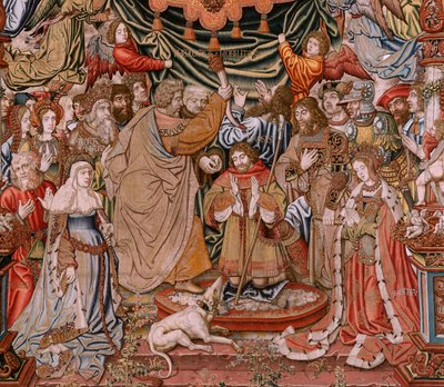 flamsk gobelin. Serie The Honours; Adel (La Nobleza). Fjerde gobelin i serien. Modeltegnere fra Bernard van Orleys og Jan Gossaerts kreds (Mabuse). Fremstilling Pieter van Aelst, Brussels.Ca 1550. Stof Guld, sølv, silke og uld af Bernaert van (circle of) Orley