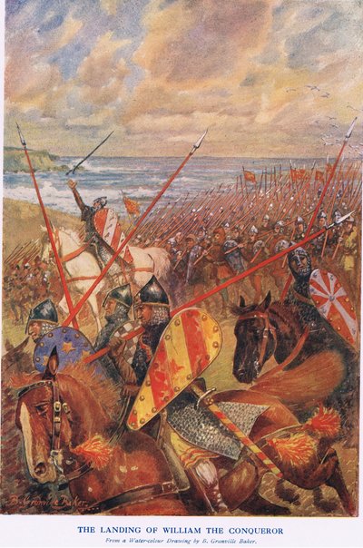 Vilhelm Erobrerens landgang (farvelitografi) af Bernard (after) Granville-Baker