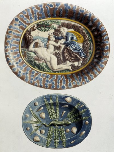 Gud skaber Eva af Adams lår; Lizard - Keramiske fade, i "The work of Bernard Palissy" af C. Delange og C. Borneman, Paris af Bernard (after) Palissy