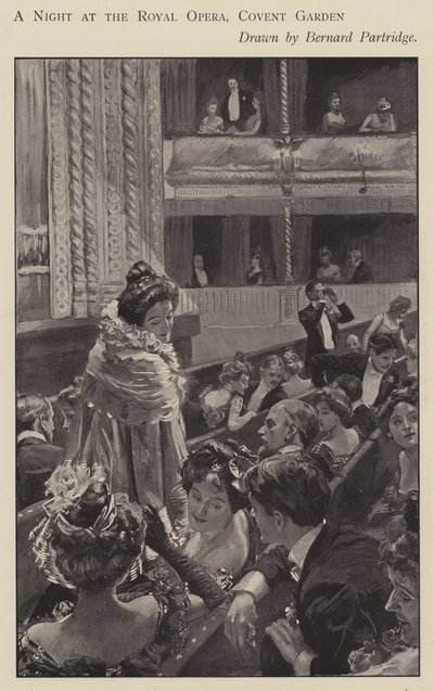 En nat på Royal Opera, Covent Garden, London (litho) af Bernard (after) Partridge