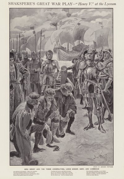 Scene fra en produktion af Shakespeares Henry V på Lyceum Theatre, London (litho) af Bernard (after) Partridge