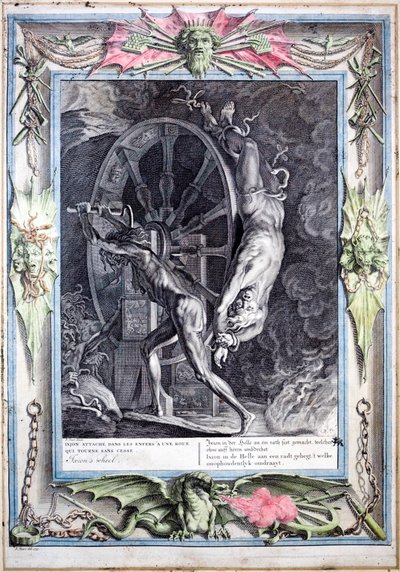 Ixion bundet til det evigt drejende ildhjul (farvet indgravering) af Bernard (after) Picart