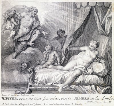 Jupiter (Zeus) brænder Semele med sit lyn. Indgravering af det 18. århundrede efter tegningen af B. Picart lavet i 1708. af Bernard (after) Picart