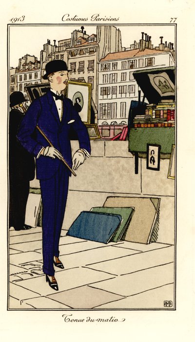 Mand i jakkesæt, bowlerhat og stok, der går forbi boghandlere på Seinen. Morgen outfit. Håndfarvet pochoir (stencil) radering efter en illustration af Bernard Boutet de Monvel fra Tommaso Antonginis Journal des Dames et des Modes, Aux Bureaux du Journa af Bernard Boutet de Monvel