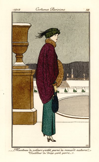 Kvinde i Violet Velvet Cape trimmet med rævspels, dragt af flaske-grøn woo, gaiterier. Violet fløjlsfrakke med naturlig ræv, glasplade skrædder. Håndfarvet stencil (stencil) ætsning efter en illustration af Bernard Boutet de Monvel Fr af Bernard Boutet de Monvel