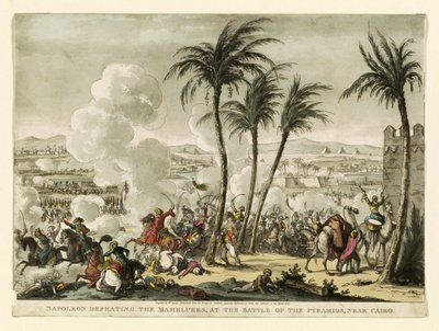Napoleon besejrer mamelukkerne i slaget ved pyramiderne, nær Cairo, indgraveret af George Cruikshank (1769-1823), pub. 1823 (håndkoloreret gravering) af Bernard Edouard Swebach