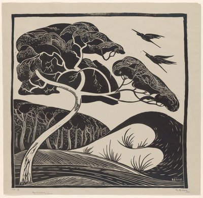 Klitlandskab (titel på objekt) Træ med 2 hejrer (titel på objekt) af Bernard Essers (signed by artist)