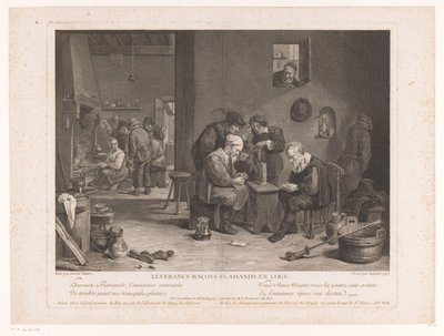 Krointeriør med kortspilsfigurer Les Francs Maçons Flamands en Loge (titel på objekt) af Bernard François Lépicié