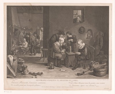 Krointeriør med kortspilsfigurer Les Francs Maçons Flamands en Loge (titel på objekt) af Bernard François Lépicié