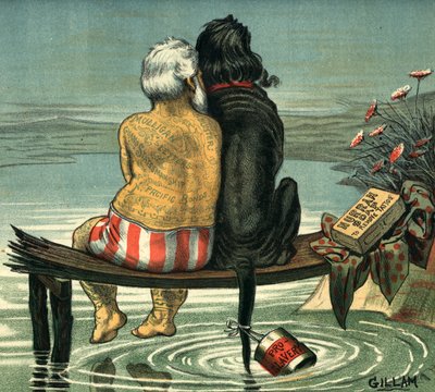 Mig og Jack udgivet i Puck Magazine 1884, (farvekromolitografi) af Bernard Gillam