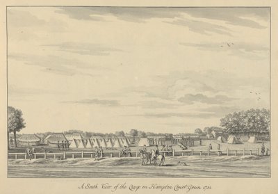 En sydlig udsigt over lejren på Hampton Court Green 1731, 1731-33 (pen & sort blæk og vask på lagt papir) af Bernard III Lens