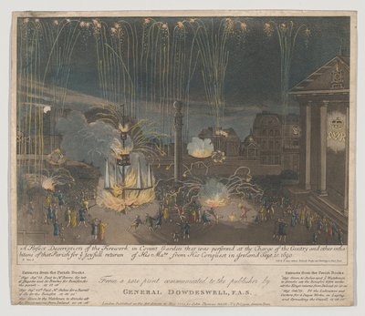 Fyrværkeri i Covent Garden, 1809 (ætsning og akvatint, håndfarvet) af Bernard II Lens