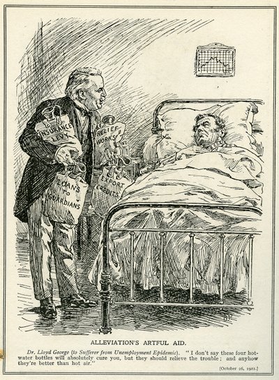 Dr. Lloyd George foreslår at helbrede den ramte af arbejdsløshedsepidemien med fire varmeflasker, 