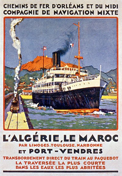 Reklameplakat for fransk jernbane til Algeriet og Marokko fra Frankrig via Limoges Toulouse Narbonne og Port Vendres ca. 1900 af Bernard Lachevre