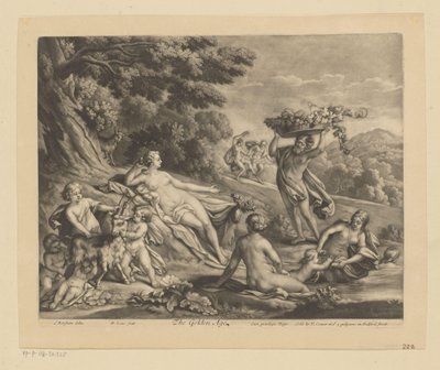 Halvnøgne figurer og geder i et landskab Guldalderen (titel på objekt) af Bernard Lens (II)