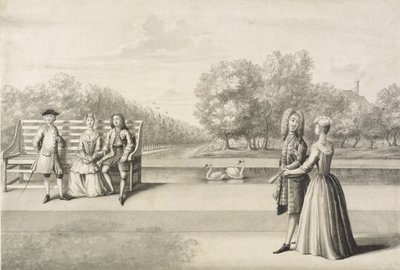 Figurer på bredden af Long Water, Hampton Court Palace (grå vask med pen og blæk over blyant på papir) af Bernard Lens