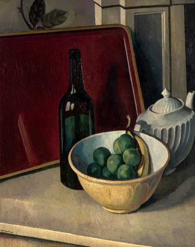 Stilleben med gul skål og frugt af Bernard Meninsky