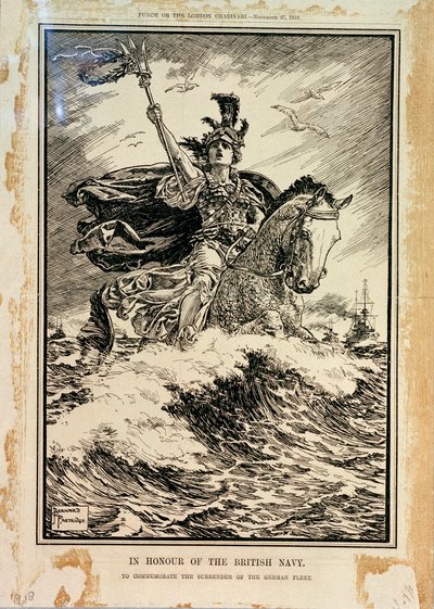 Til ære for den britiske flåde. Til minde om den tyske flådes overgivelse. Forsiden af Punch, 27. november 1918 af Bernard Partridge