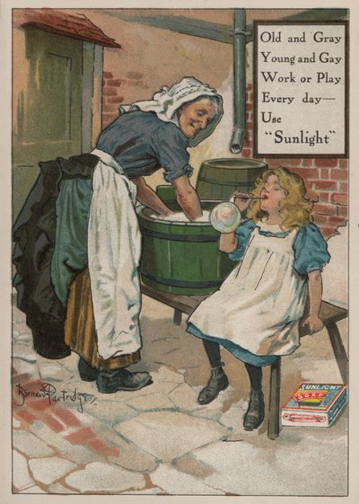 Ung pige, der blæser bobler, mens hendes bedstemor vasker: reklame for Sunlight-sæbe af Bernard Partridge