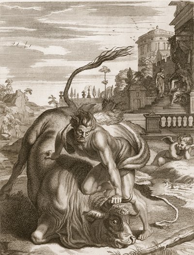 Achelous i form af en tyr er besejret af Hercules, 1731 af Bernard Picart