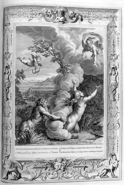 Arethusa forfulgt af Alpheus og forvandlet til en springvand, 1733 af Bernard Picart