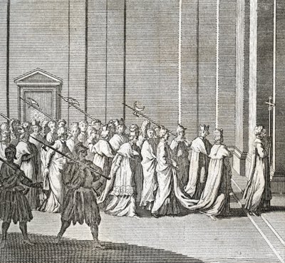 Forskellige stadier af konklavet, kardinalmøde til valg af en ny pave: kardinalernes indgang i det sixtinske kapel (Vatikanet: kardinalernes indgang) Gravering fra "Illustration af ceremonier og religiøse skikke for alle folk af Bernard Picart