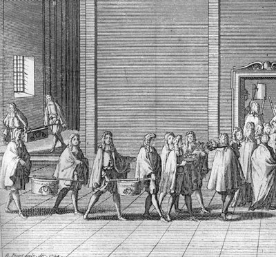Forskellige stadier af konklavet, møde med kardinalerne til valg af en ny pave: rationerne foretages under konklavet (Vatikanet: ankomst af mad under konklavet) Gravering fra "" Illustration af religiøse ceremonier og skikke for alle mennesker af Bernard Picart
