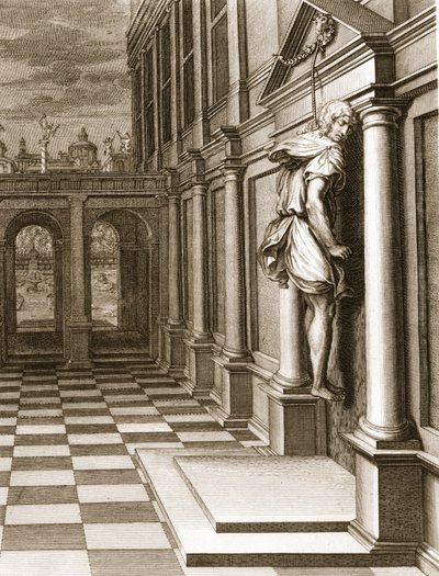 Iphis hænger sig selv i fortvivlelse over, at han ikke kunne få Anaxarete, 1731 af Bernard Picart