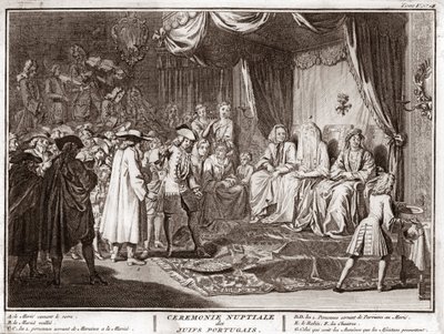 Jødisk bryllup i det jødiske portugisiske samfund Gravering fra "" Illustration af ceremonier og religiøse skikke for alle verdens folk"" af Bernard Picart (1723-1743) 1819 Privat samling af Bernard Picart