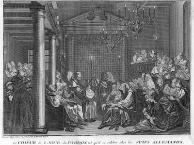 Jødedom: Festen i Chipur blandt tyske jøder (Yom Kippur, Forsoningsdagen for det jødiske folk) Indgravering fra "Illustration af ceremonier og religiøse skikke for alle verdens folk" af Bernard Picart (1723-1743) 1819 Privat samling af Bernard Picart