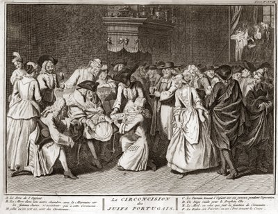 Jødedom: omskæringsceremoni i det jødiske portugisiske samfund Gravering fra "" Illustration af religiøse ceremonier og skikke for alle verdens folk"" af Bernard Picart (1723-1743) 1819 Privat samling af Bernard Picart