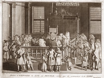 Jødedom: udstilling af Toraen i en synagoge før læsningen) Indgravering fra "" Illustration de ceremonies et customs religieuses de tous les peuples du monde"" af Bernard Picart (1723-1743) 1819 Privat samling af Bernard Picart