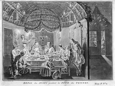 Jødedom: måltid for det jødiske folk under Sukkot (sukkot eller sukkos) fest for tabernaklerne eller boderne) Indgravering fra "" Illustration de ceremonies et customs religieuses de tous les peuples du monde" af Bernard Picart (1723-1743) 1819 Privat saml af Bernard Picart