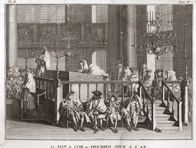 Jødedom: lyden af hornet på årets første dag ((lyden af schofar a Rosch ha-schana) (jødisk nytårsfestival: blæser i shofarhornet på Rosh Hashana) Indgravering fra "" Illustration af religiøse ceremonier og alle folkeslags skikke af Bernard Picart